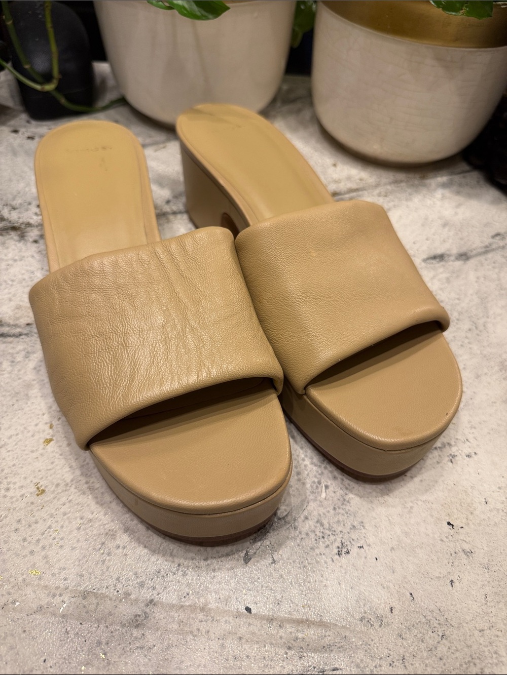 Vince Tan Leather Platform Slide Mules